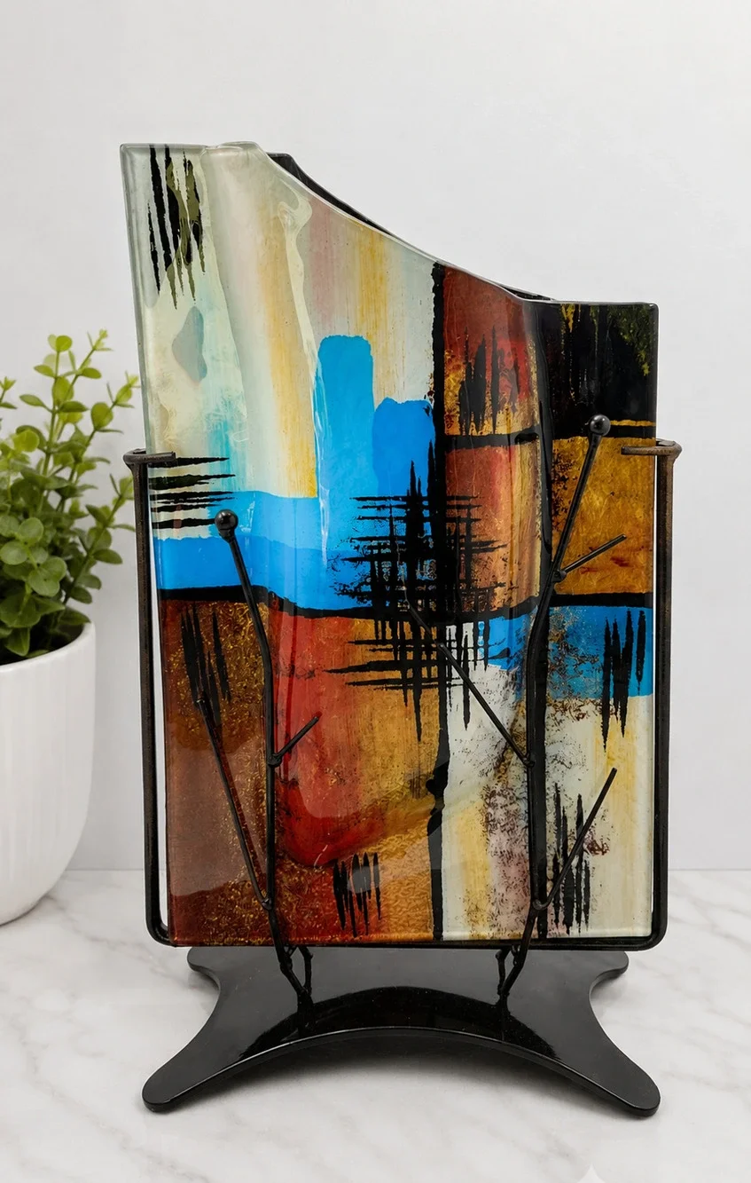 Abstract Art Glass Vase w/ Metal Stand Mid Century Modern Multicolor Decorative